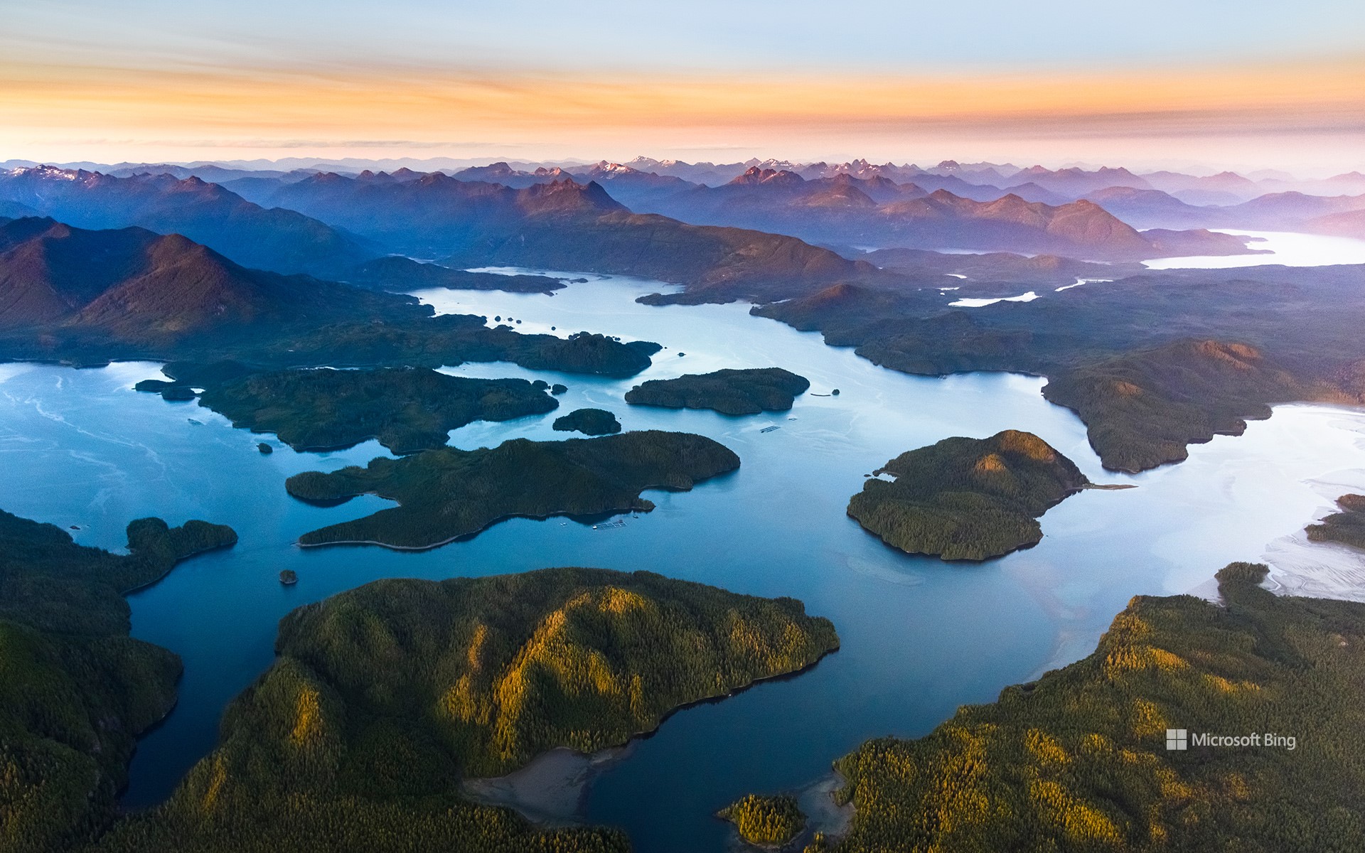 Aerial view of Clayoquot Sound and the Pacific Rim National Park Reserve in British Columbia
