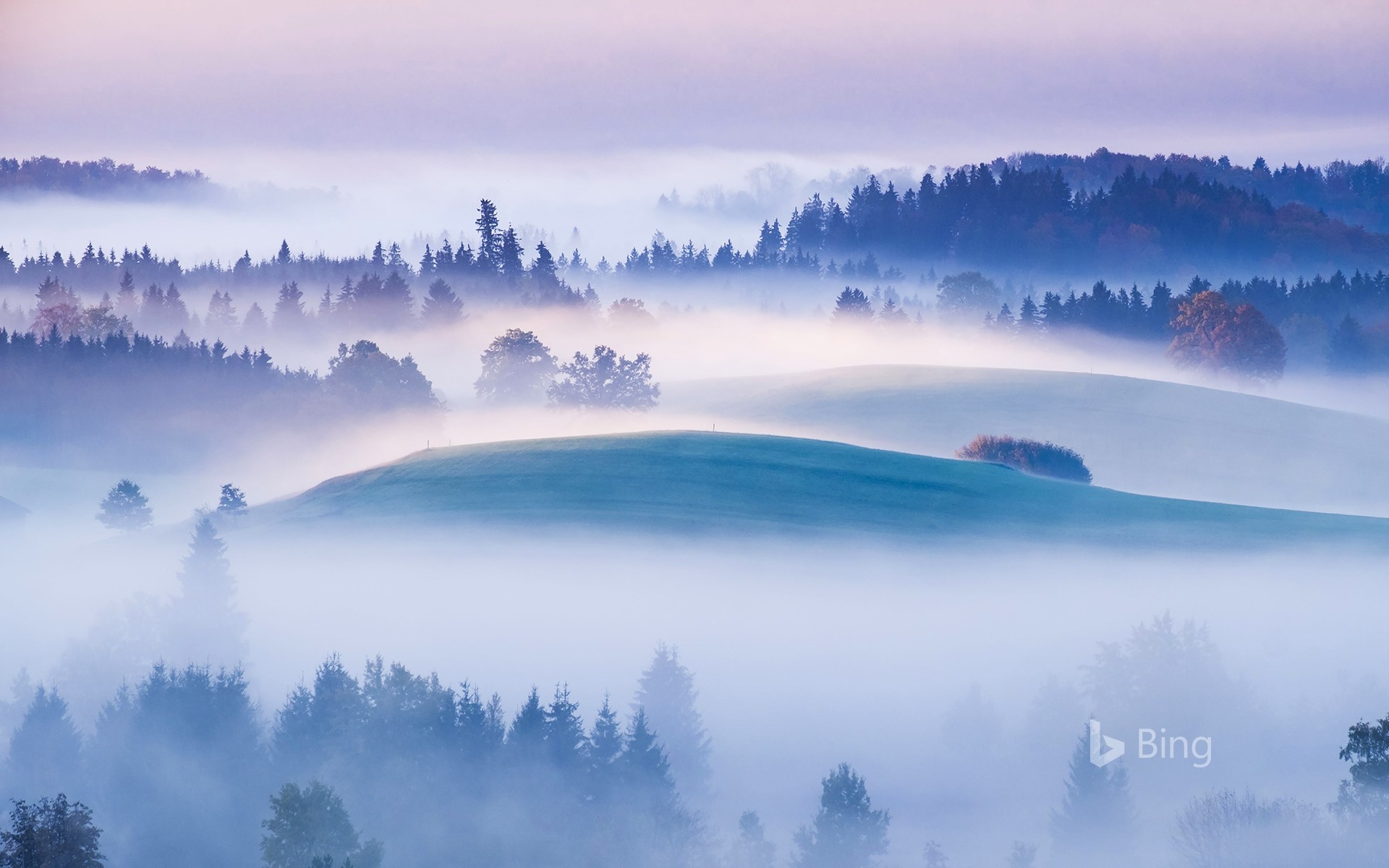 Aidlinger Hoehe, morning fog, Aidling, Pfaffenwinkel, Bavaria, Germany