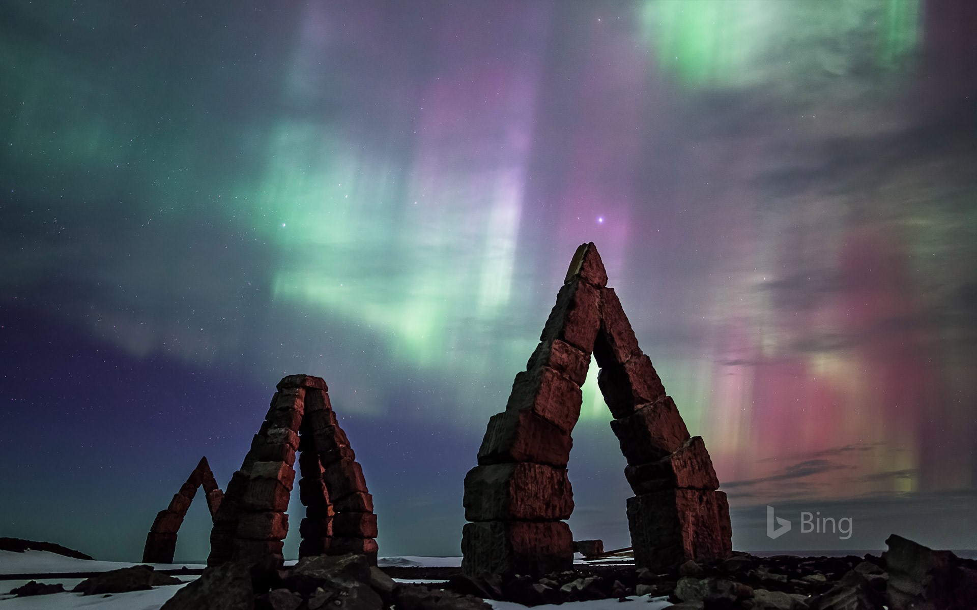Aurora borealis over the Arctic Henge in Raufarhöfn, Iceland