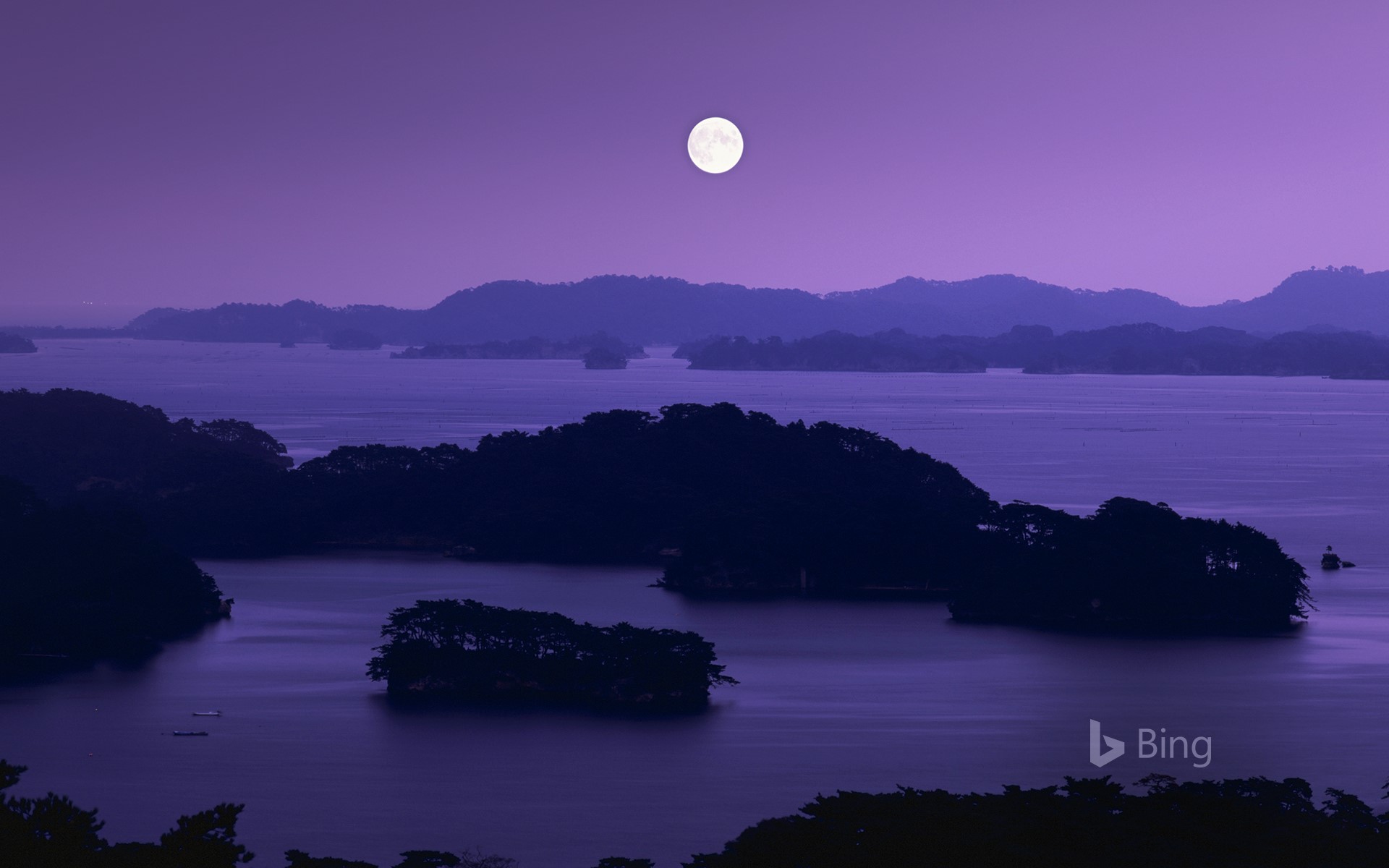 Matsushima Bay at night with full moon, Matsushima town, Miyagi prefecture, Japan