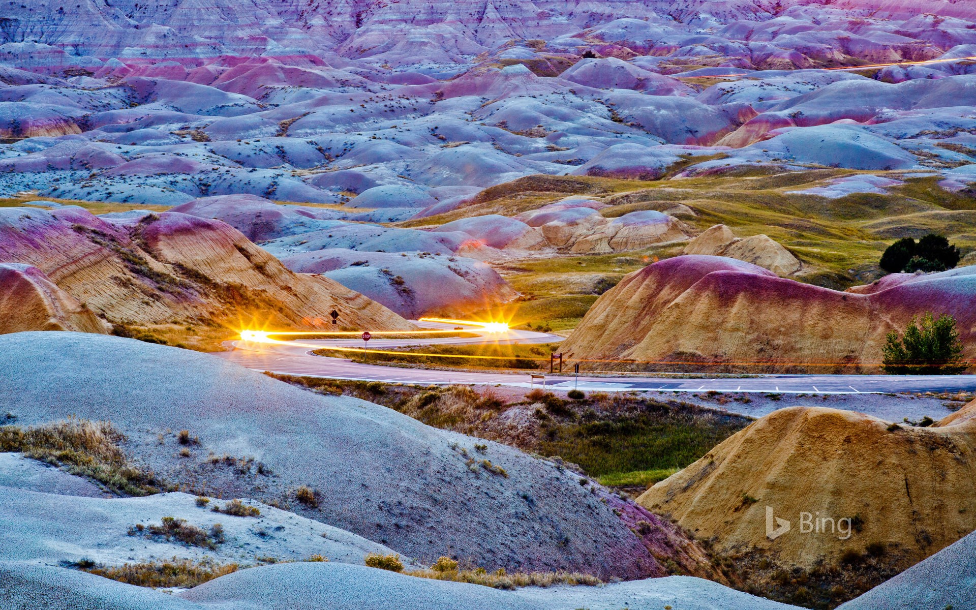 Headlights streaking through Badlands National Park, South Dakota