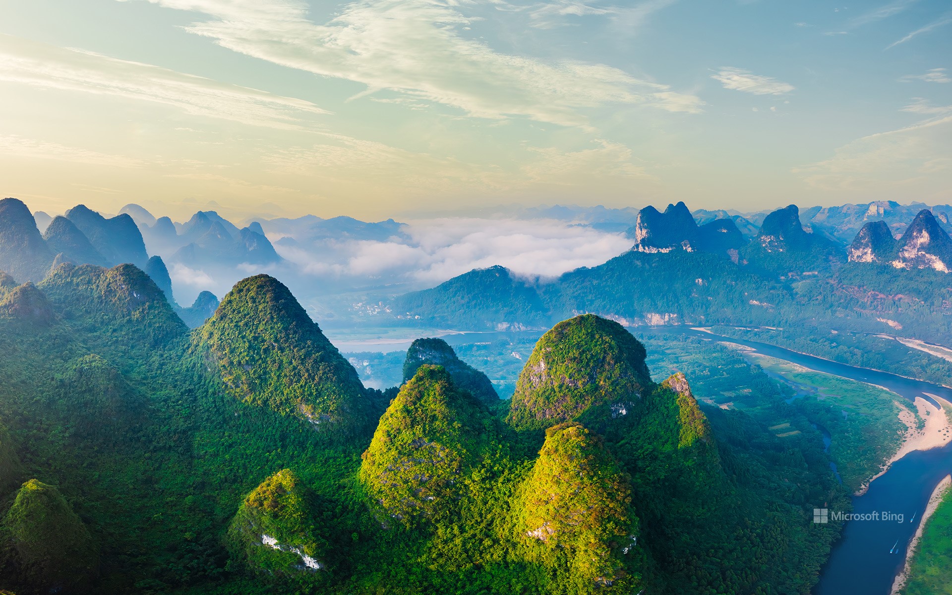 Aerial view of beautiful karst mountains at sunrise, Guilin, China