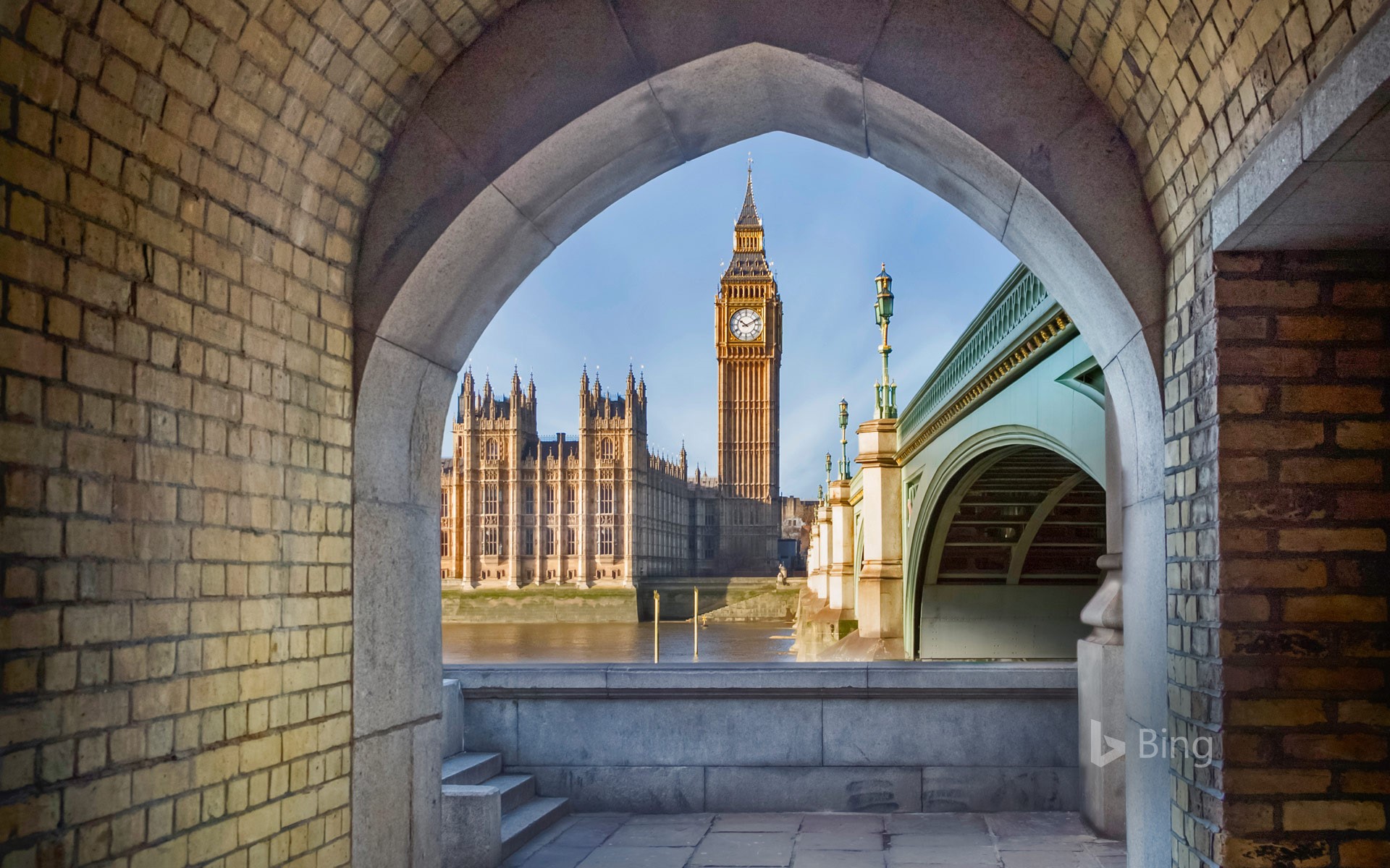 View of Big Ben and the Palace of Westminster through a pedestrian tunnel, London, England