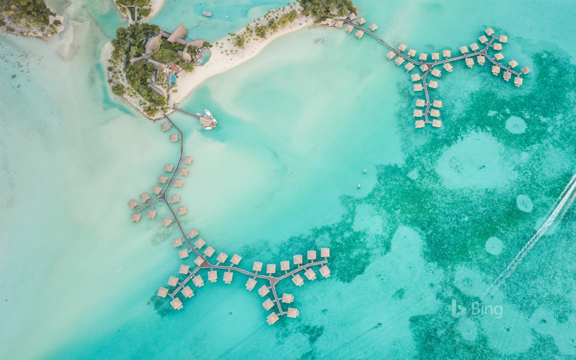 Aerial view of bungalows on the island of Bora-Bora, French Polynesia