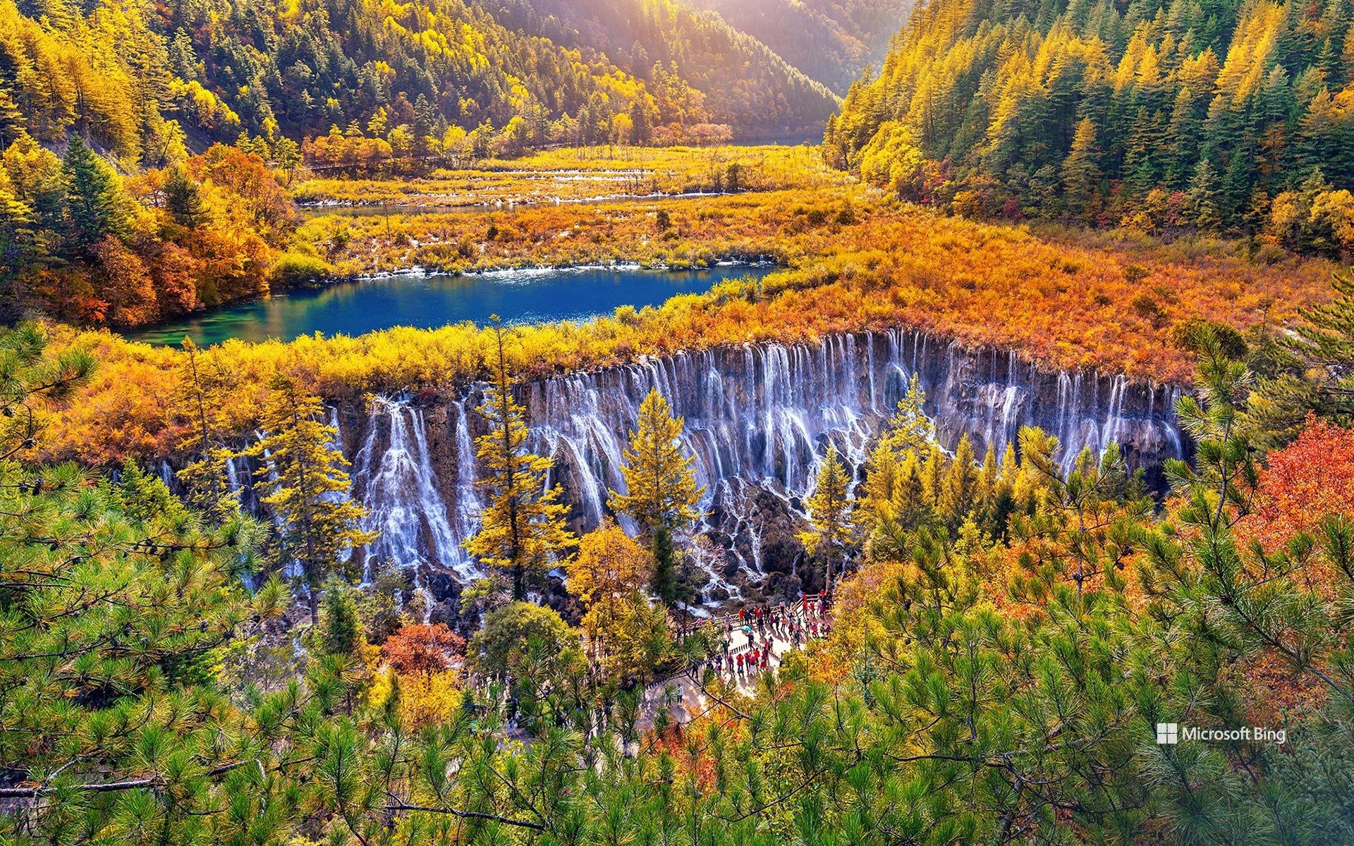 Nuorilang Waterfall in Jiuzhaigou National Park in autumn, Sichuan Province, China