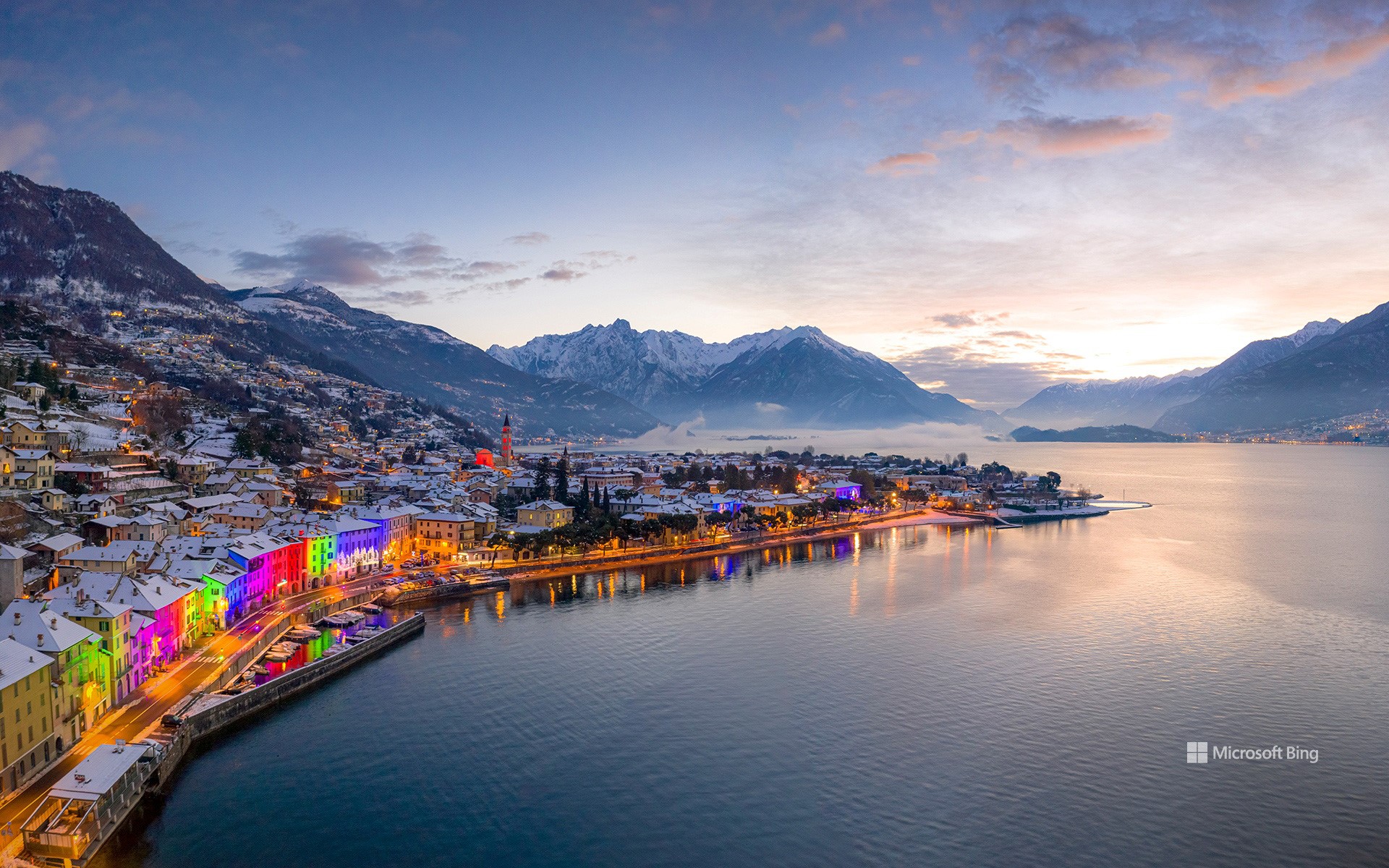 Christmas lights on buildings of Domaso, Lake Como, Italy