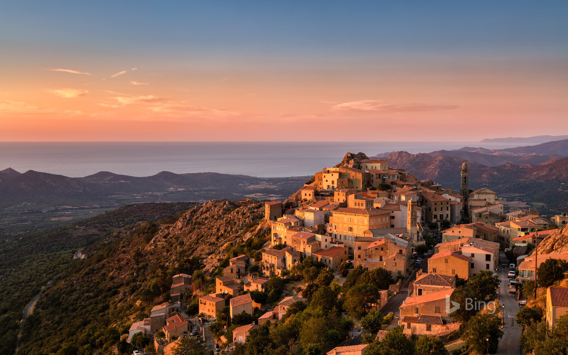 Evening sun on the perched village of Speloncato in Corsica