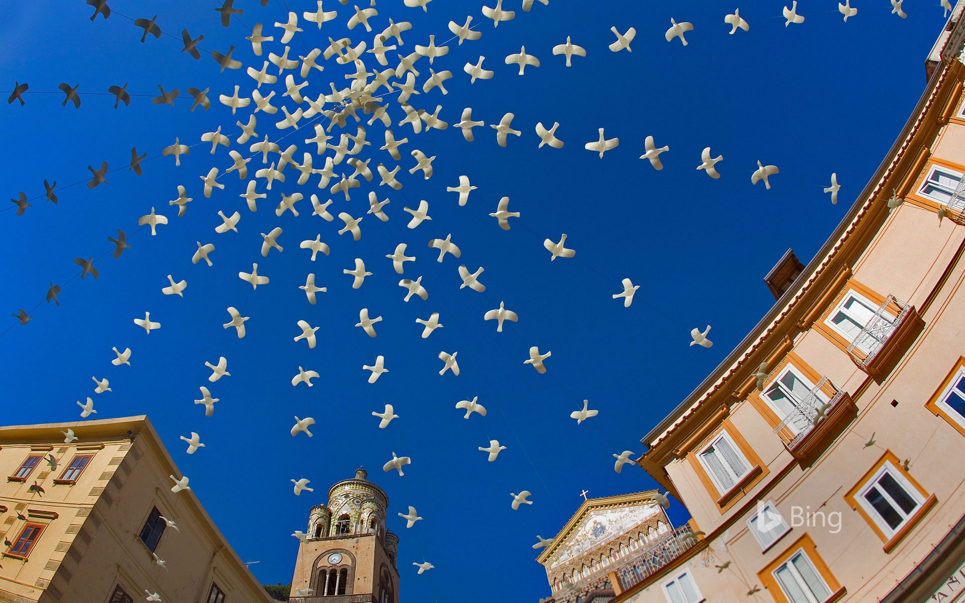Dove art installation above the Piazza del Duomo in Amalfi, Italy