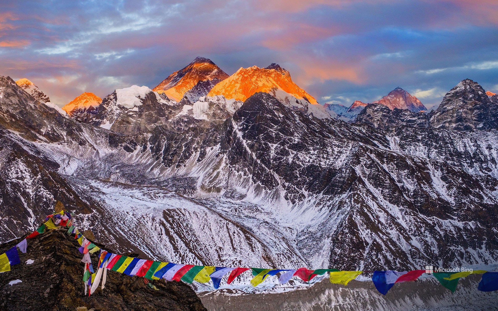 The summit of Mount Everest at sunset, seen from Renjo La, Nepal