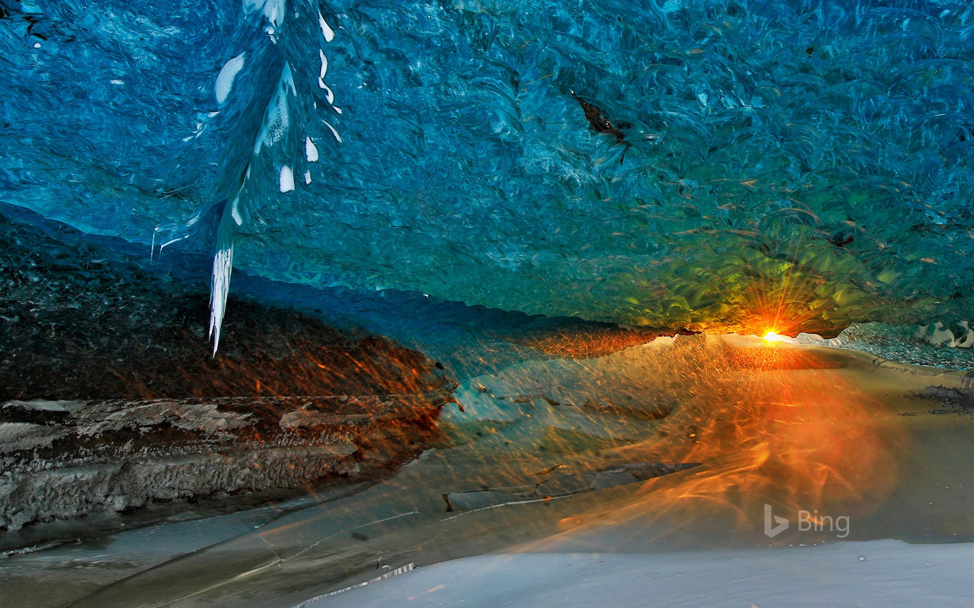 Ice cave at sunset in Vatnajökull National Park, Iceland