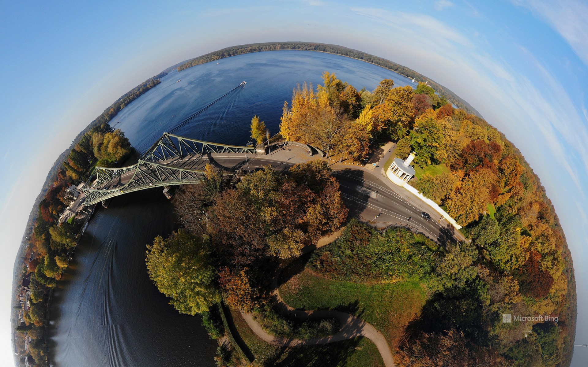 Spherical panorama aerial view (Little Planet) of the Glienicke Bridge, Potsdam, Brandenburg