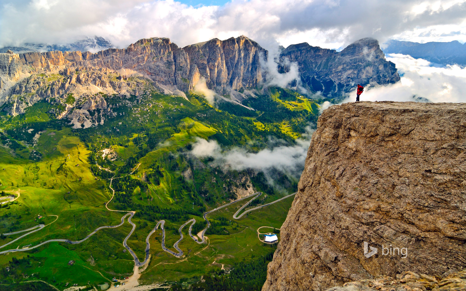 Trekker on the Sella Group mountain chain, Dolomites, South Tyrol, Italy