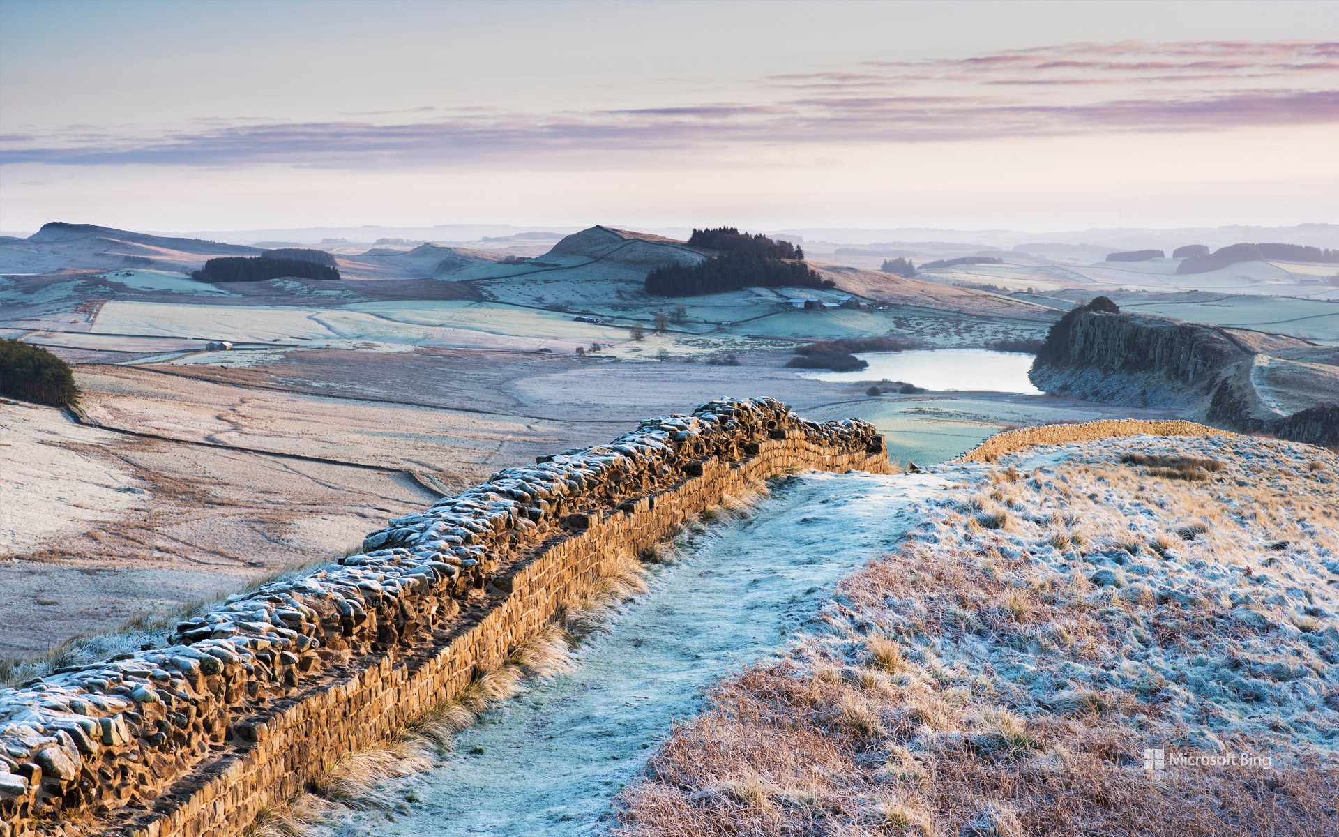 Frosty morning at Hadrian's Wall on Winshields Crags, looking towards Crag Lough in Northumberland