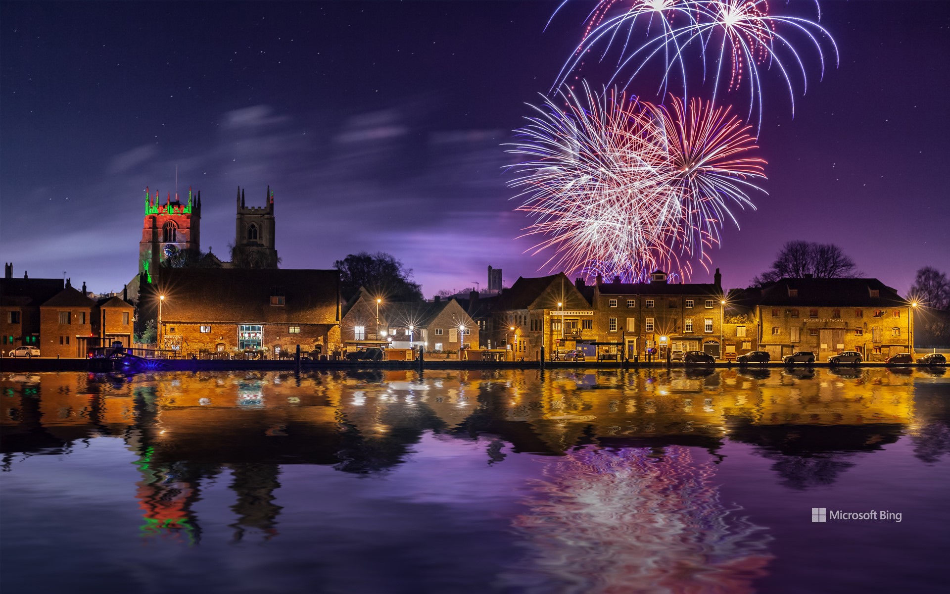 Fireworks exploding over the Great River Ouse, King's Lynn, Norfolk