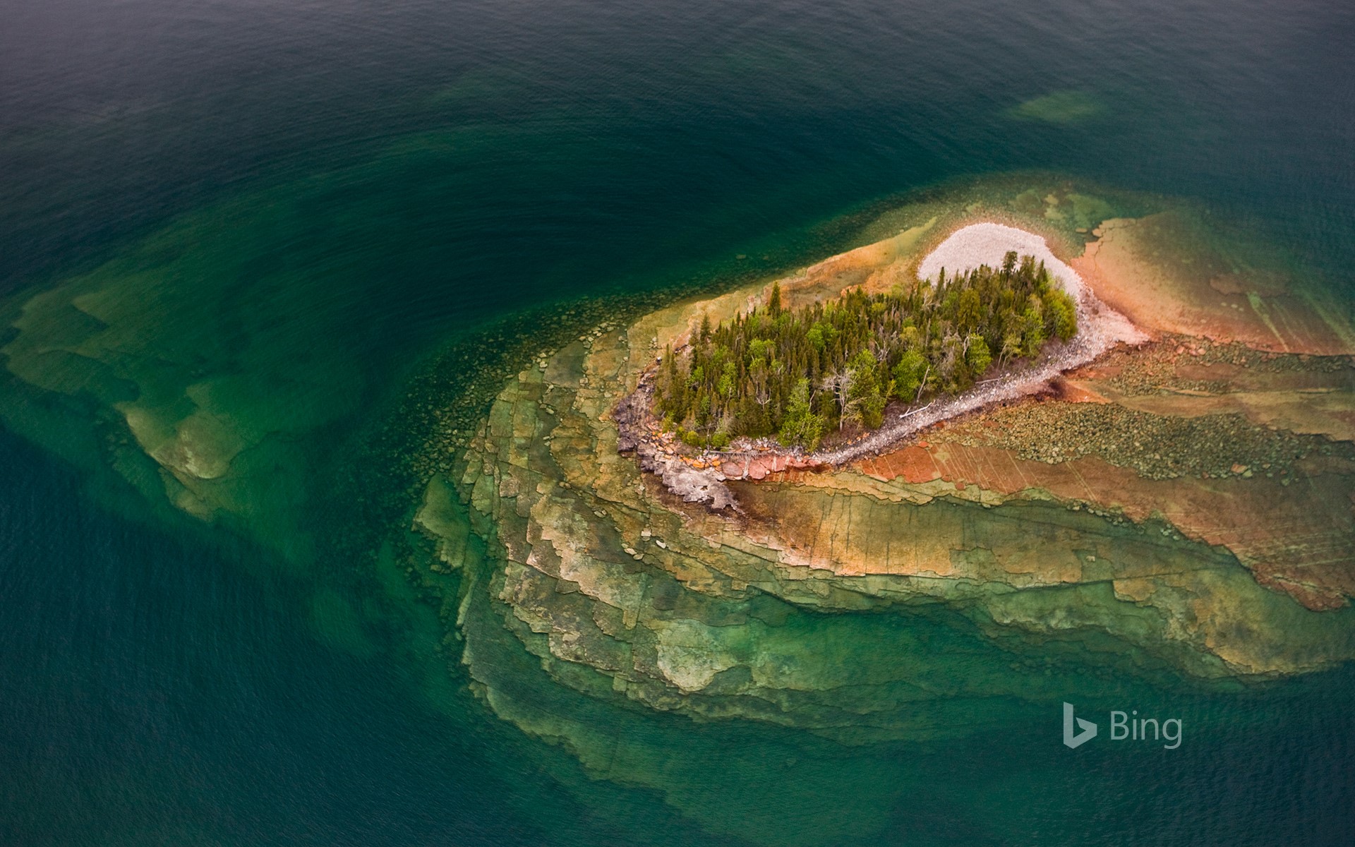 Aerial view of small rocky islands in Lake Superior, Thunder Bay, Ontario, Canada