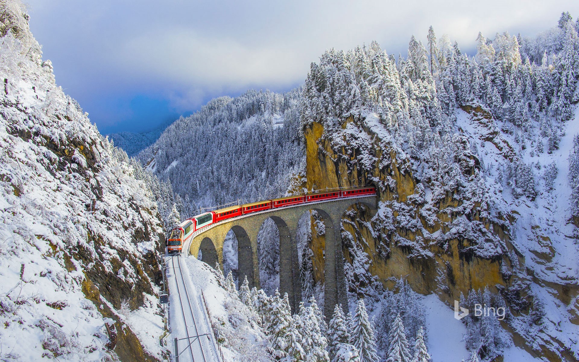 Bernina Express on the Landwasser Viaduct, Graubünden, Switzerland