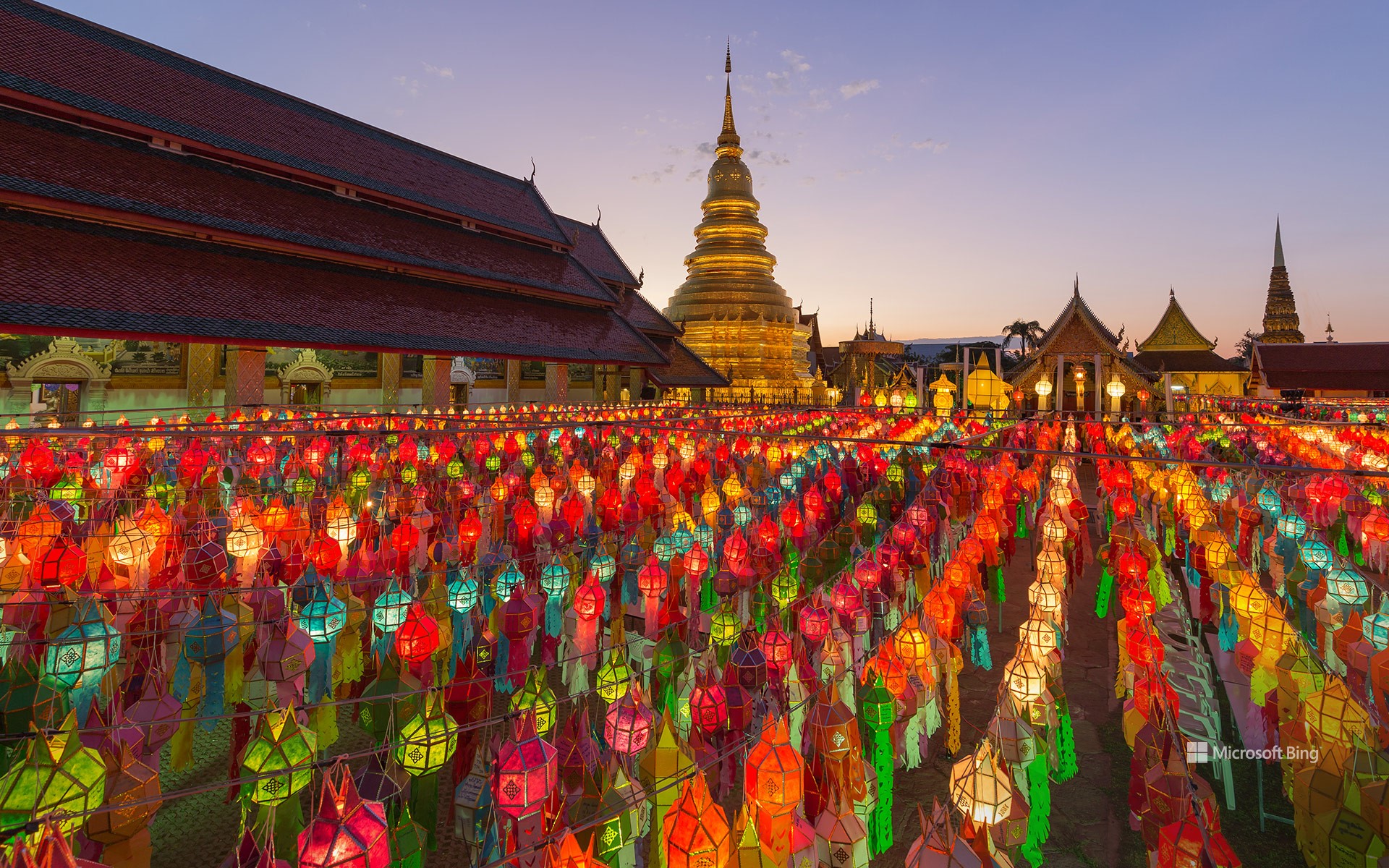 Colourful lanterns at the temple of Wat Phra That Hariphunchai, Lamphun, Thailand