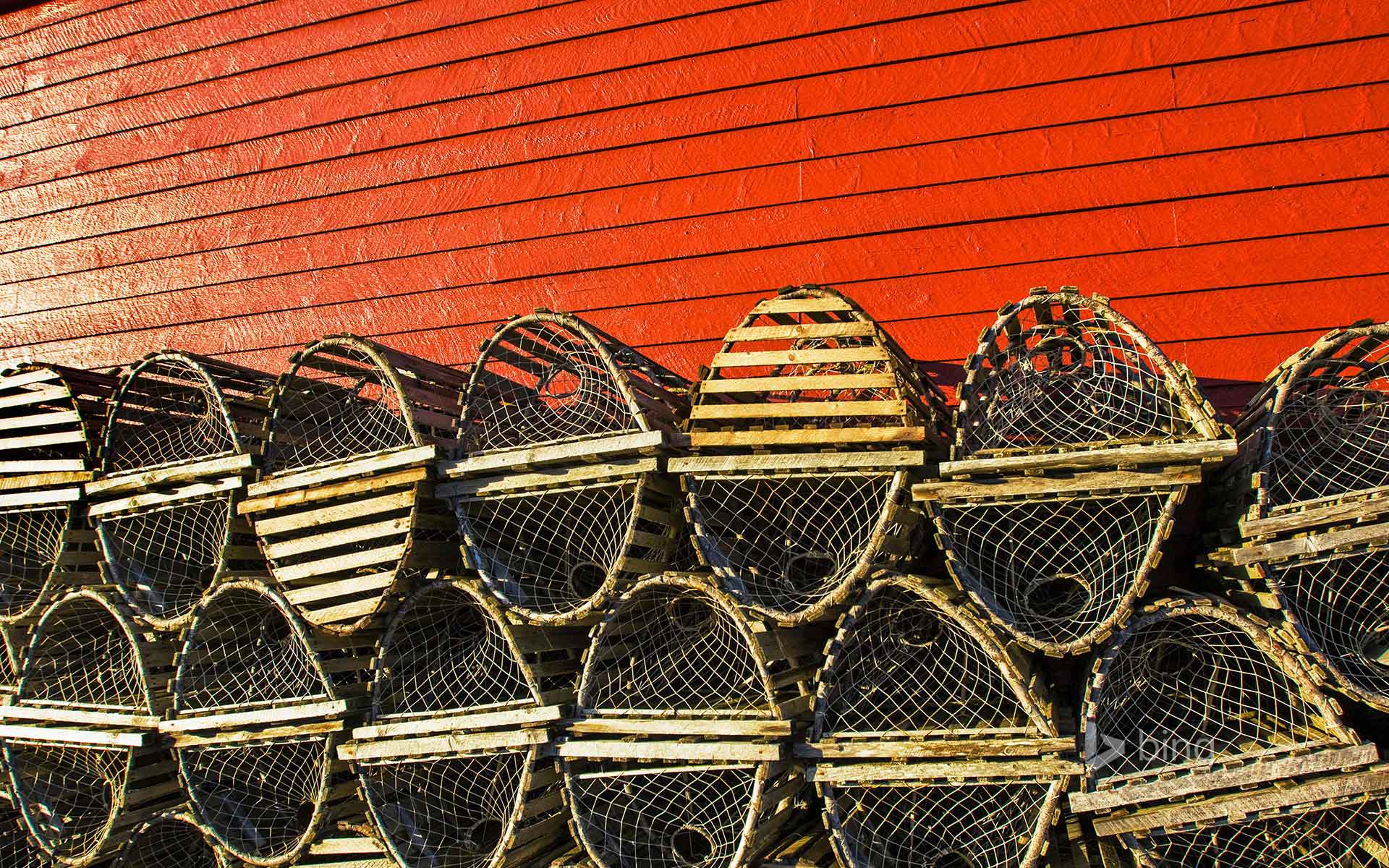 Lobster traps stacked against a red fishing shed in Newfoundland, Canada