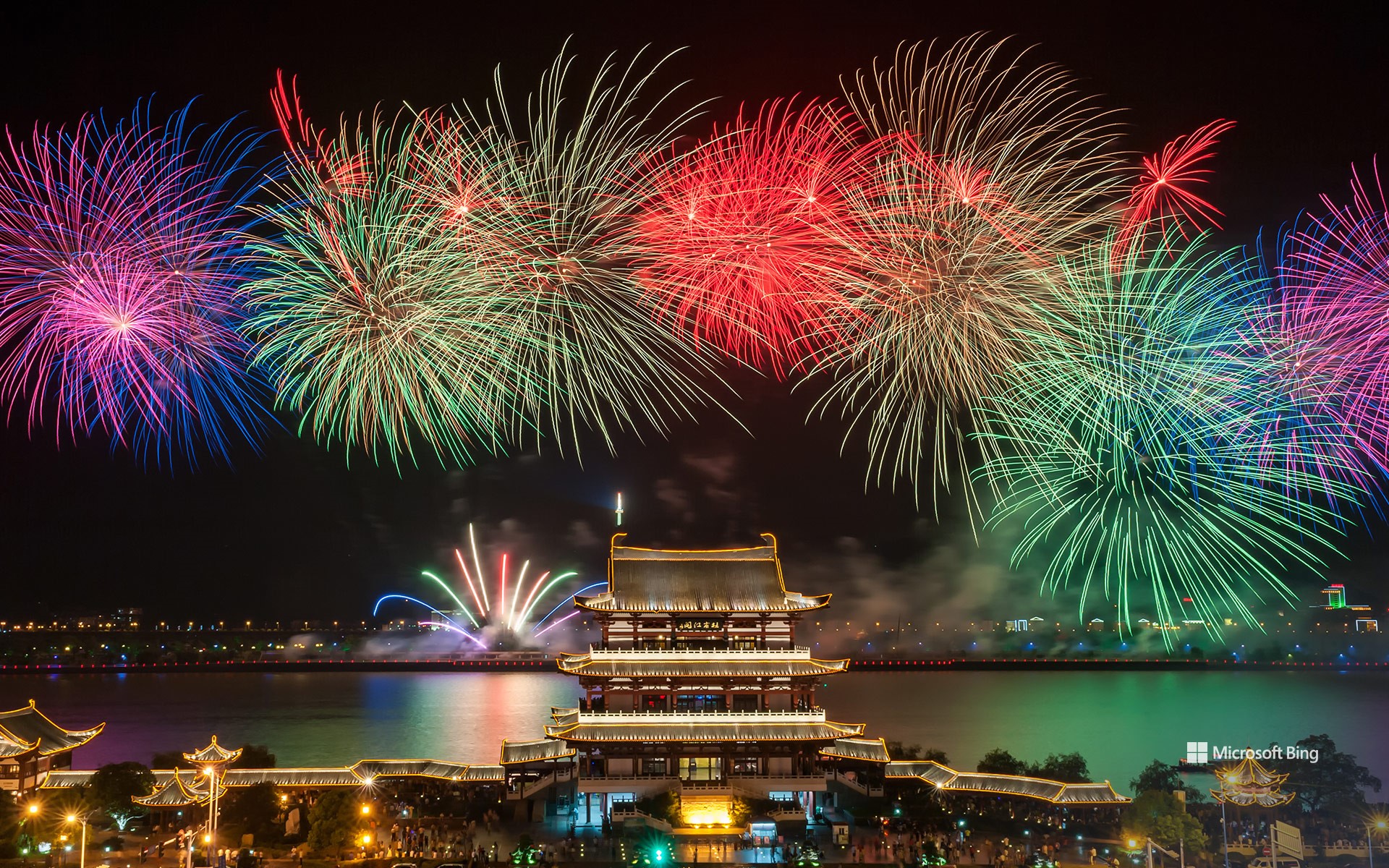 Fireworks show in the night sky, Changsha, Hunan Province, China