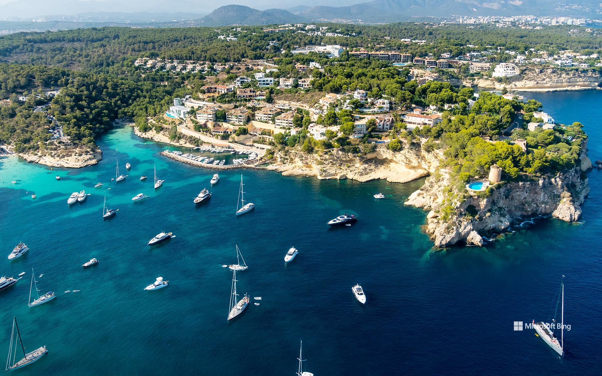 Aerial view of villas and yachts near Portals Vells, Palma de Mallorca, Mallorca, Spain