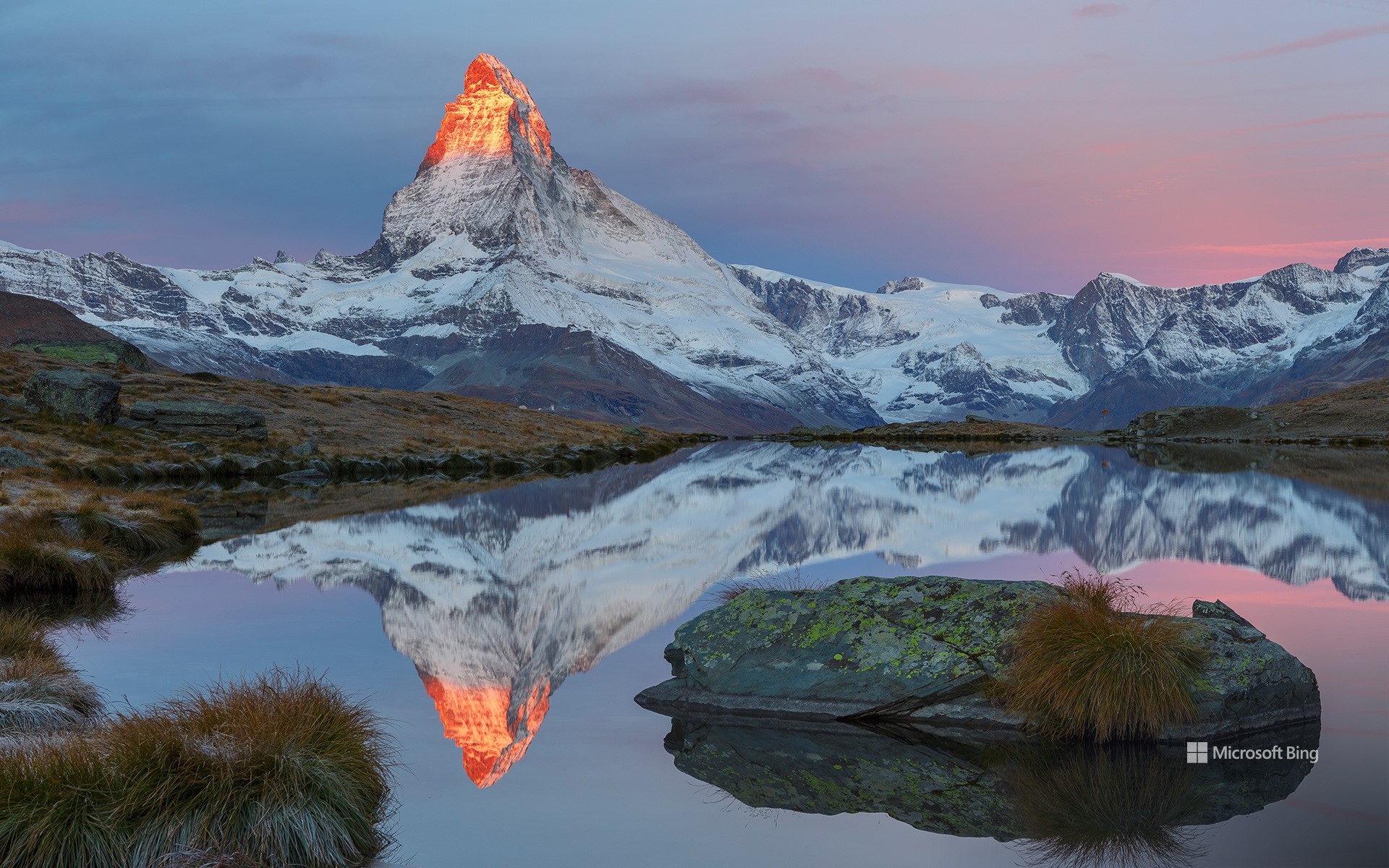 Bing Wallpaper: The Matterhorn reflected in Lake Stellisee, Zermatt, Switzerland