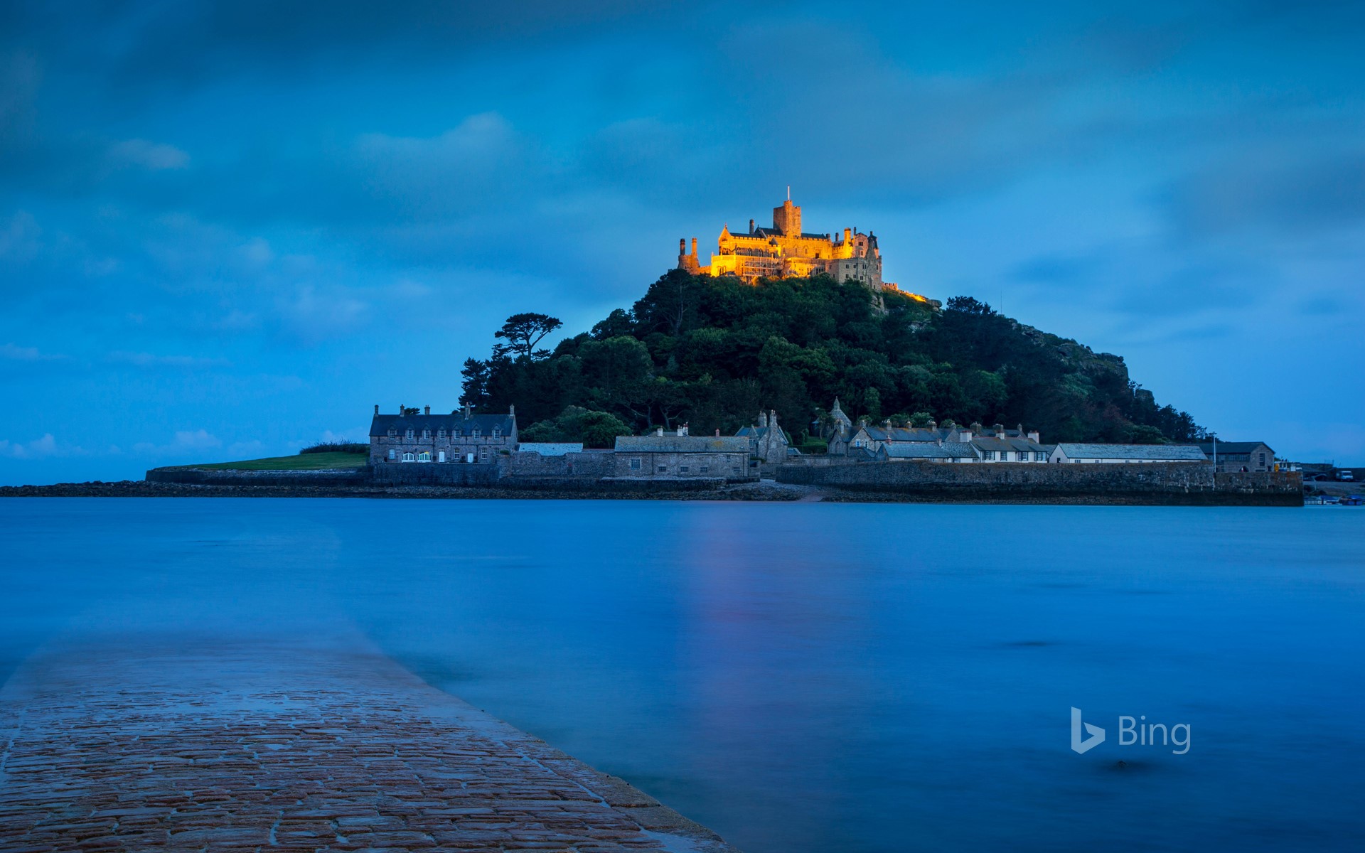 Twilight over St Michael's Mount in Mount's Bay, Cornwall, England
