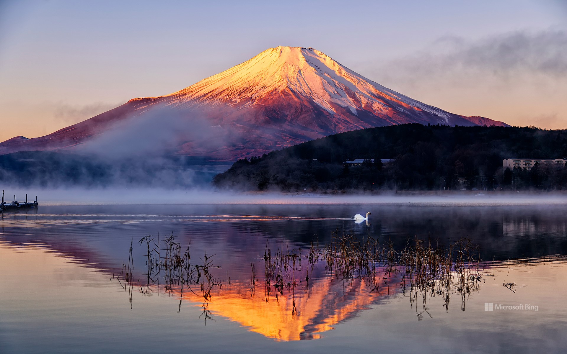 Red Mt.Fuji reflected on the surface of the water, Yamanashi