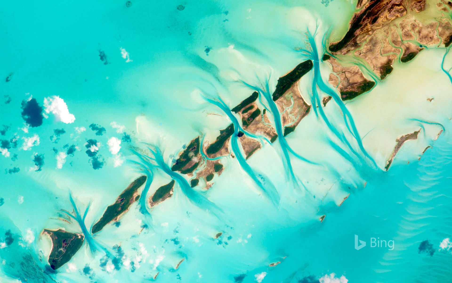Small island cays west of Great Exuma in the Bahamas photographed from the International Space Station