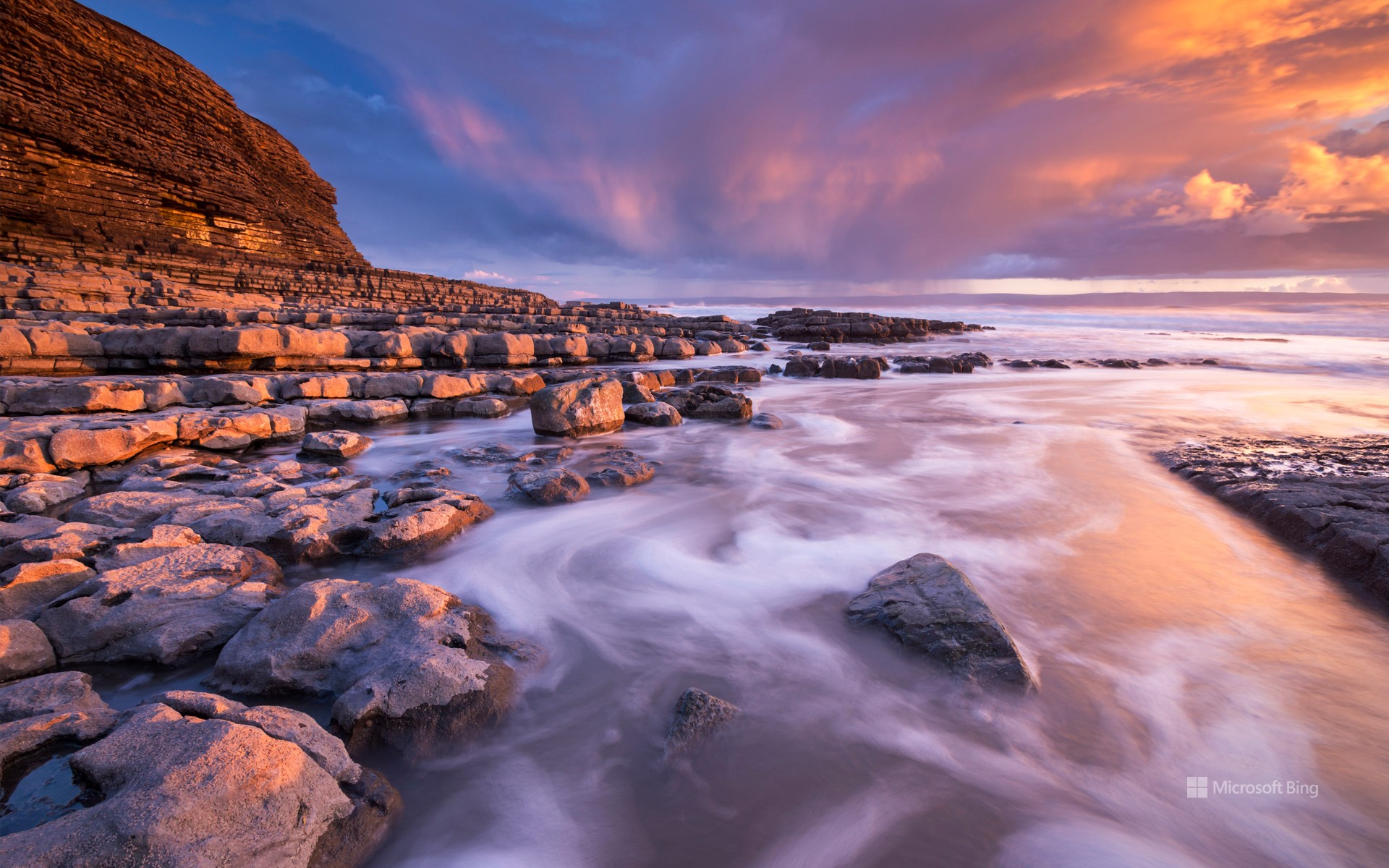 Sunset over Nash Point on the Glamorgan Heritage Coast, South Wales in winter.