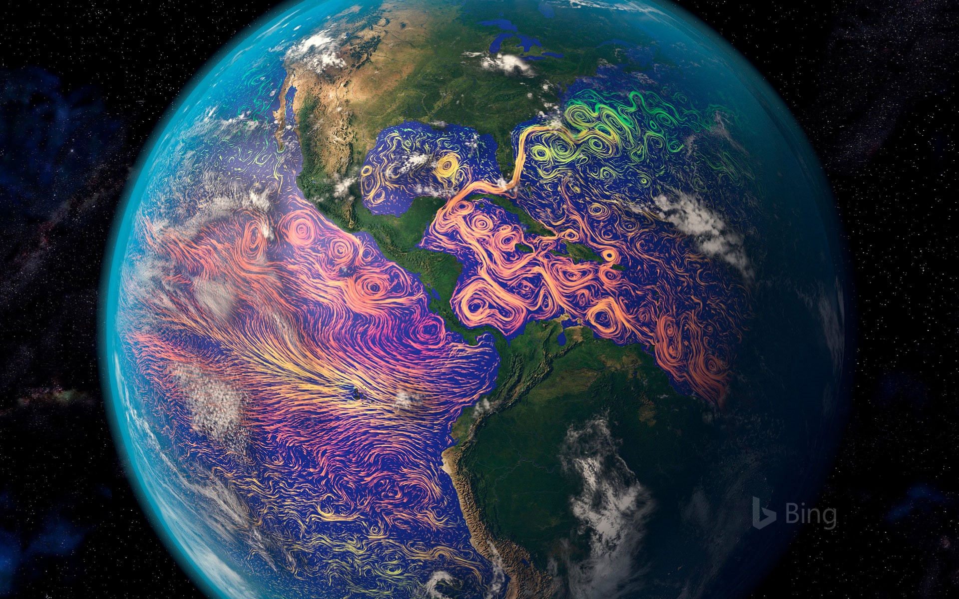 Satellite-based graphic showing ocean currents off the Americas