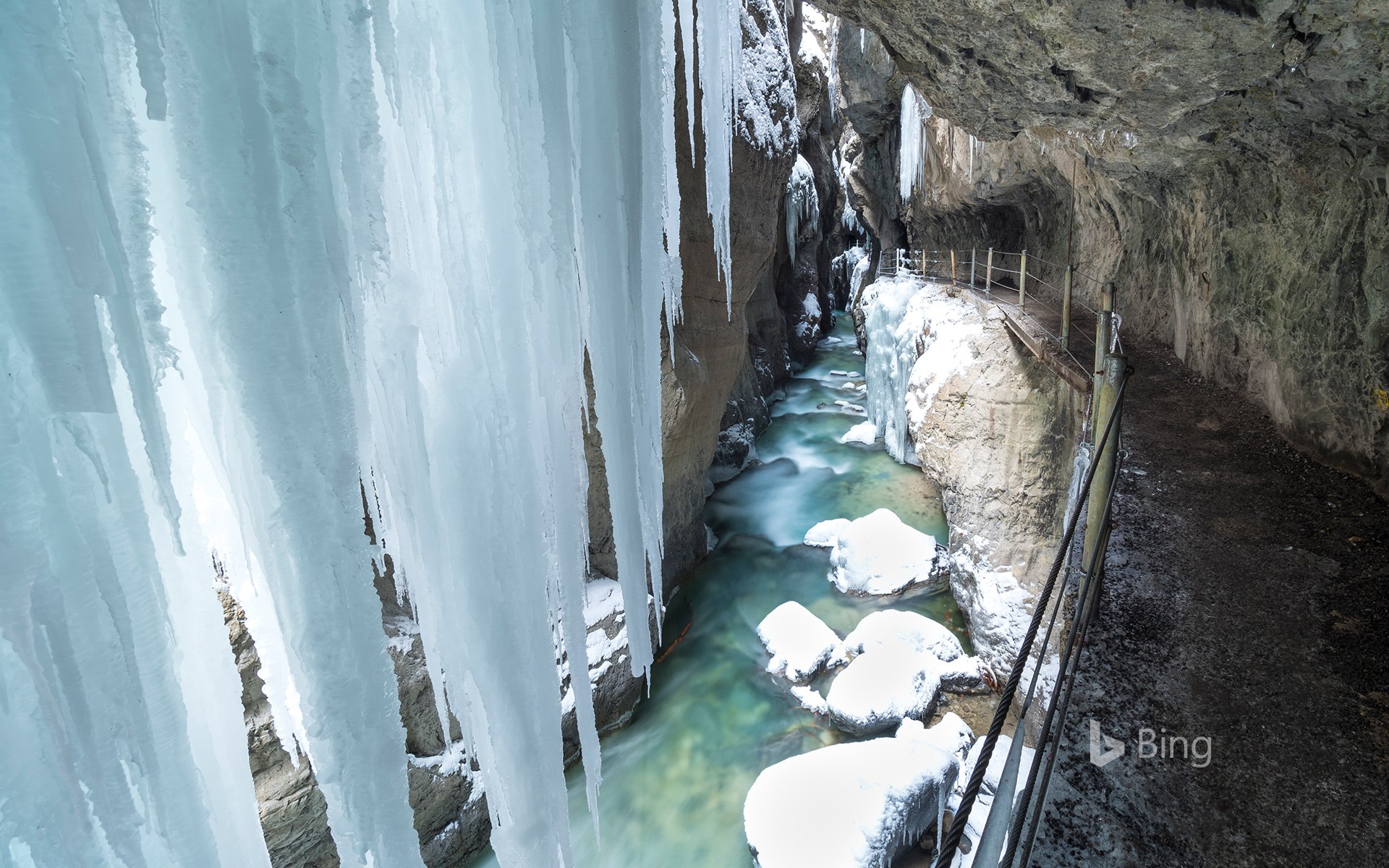 View of icicles in Partnachklamm Gorge, Garmisch-Partenkirchen, Bavaria, Germany