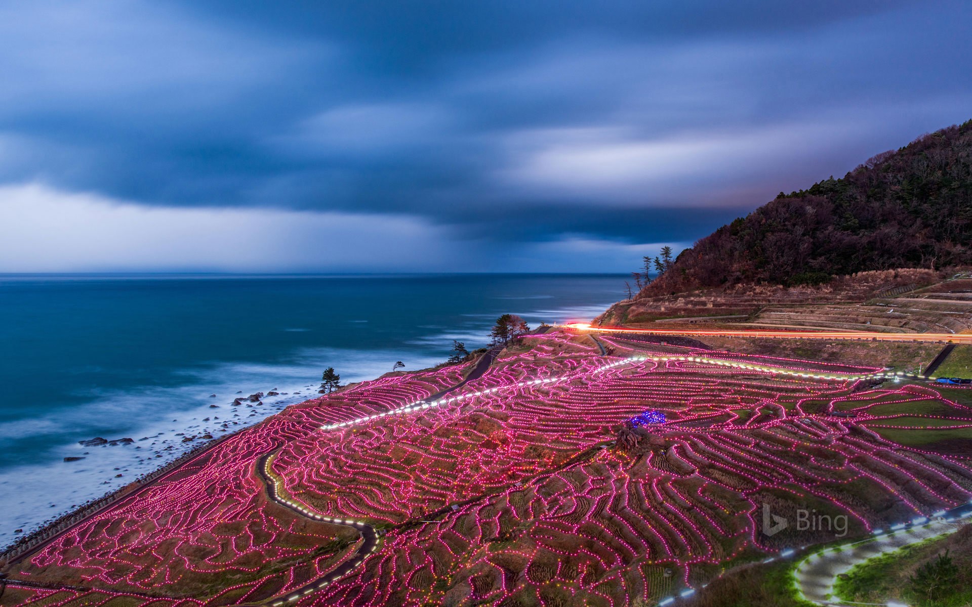 Rice terraces strung with lights, Wajima, Japan
