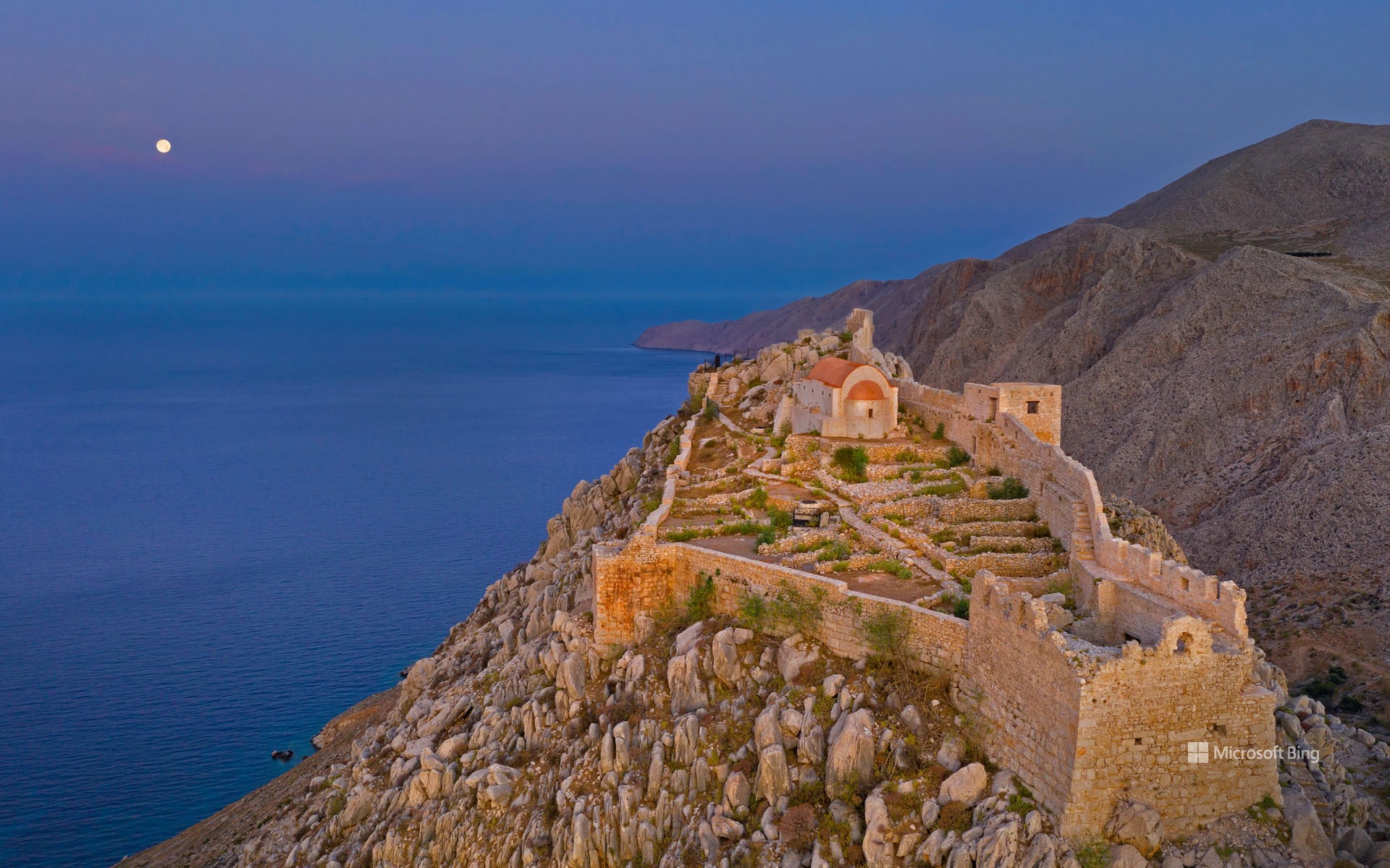 Ruins of the medieval castle of the Knights of St John above the village of Chorio, Halki Island, Greece