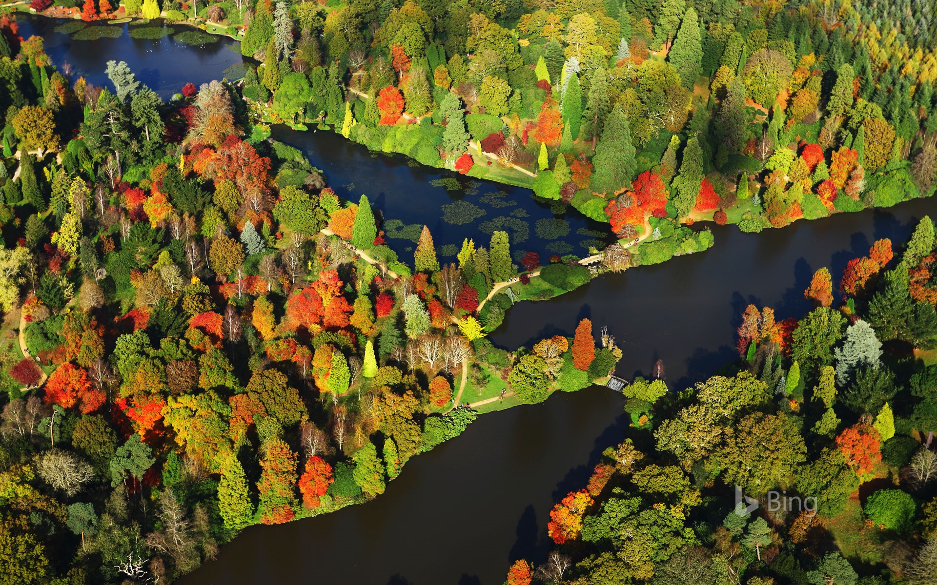 Aerial view of Sheffield Park and Garden in East Sussex, England