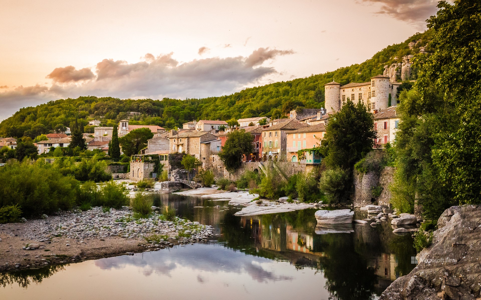 The Ardèche and the village of Vogüé at sunset