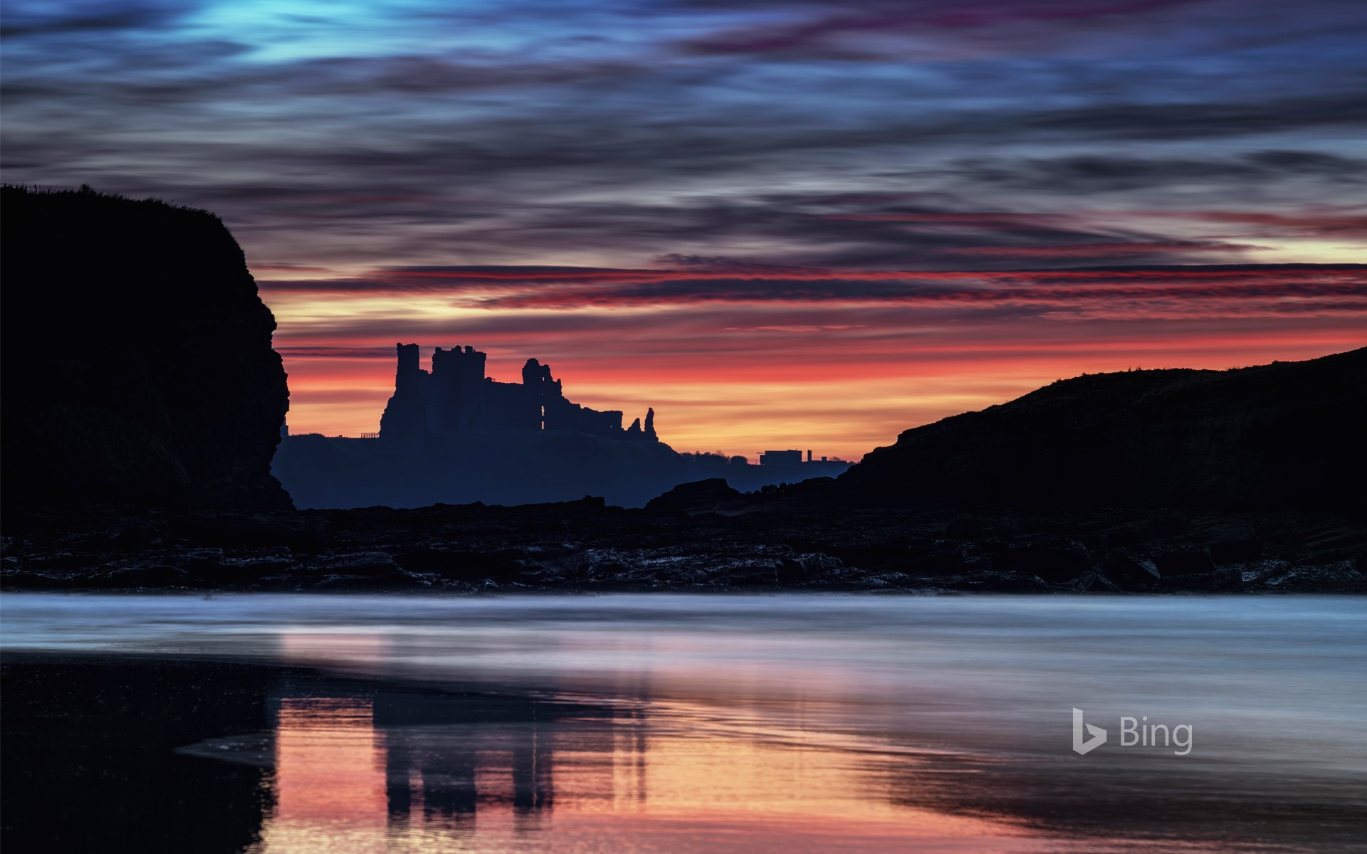 Tantallon Castle at sunset from Seacliff Beach, East Lothian, Scotland