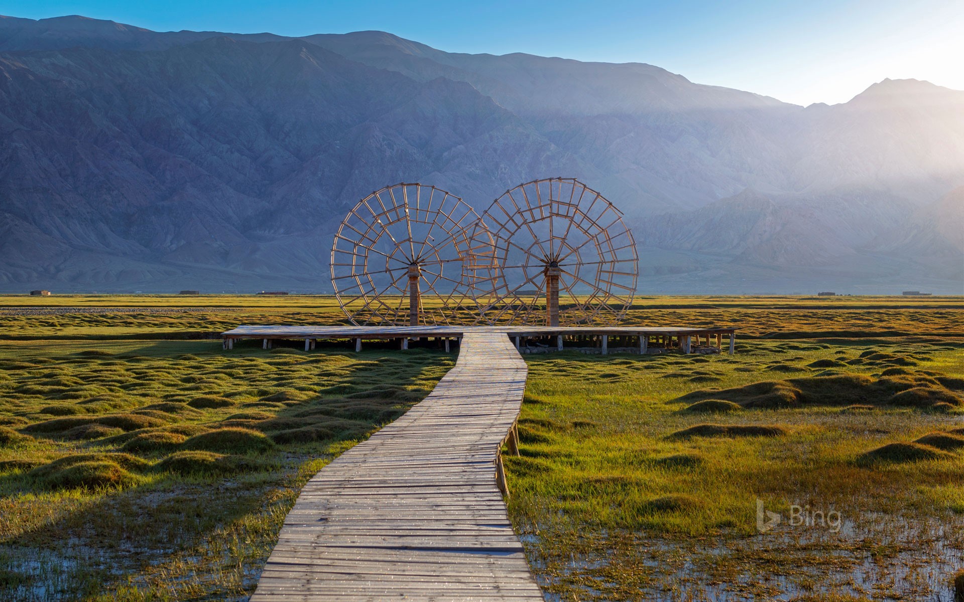 Water wheels in the Tashkurgan Grassland, Tashkurgan Tajik Autonomous County, Xinjiang, China
