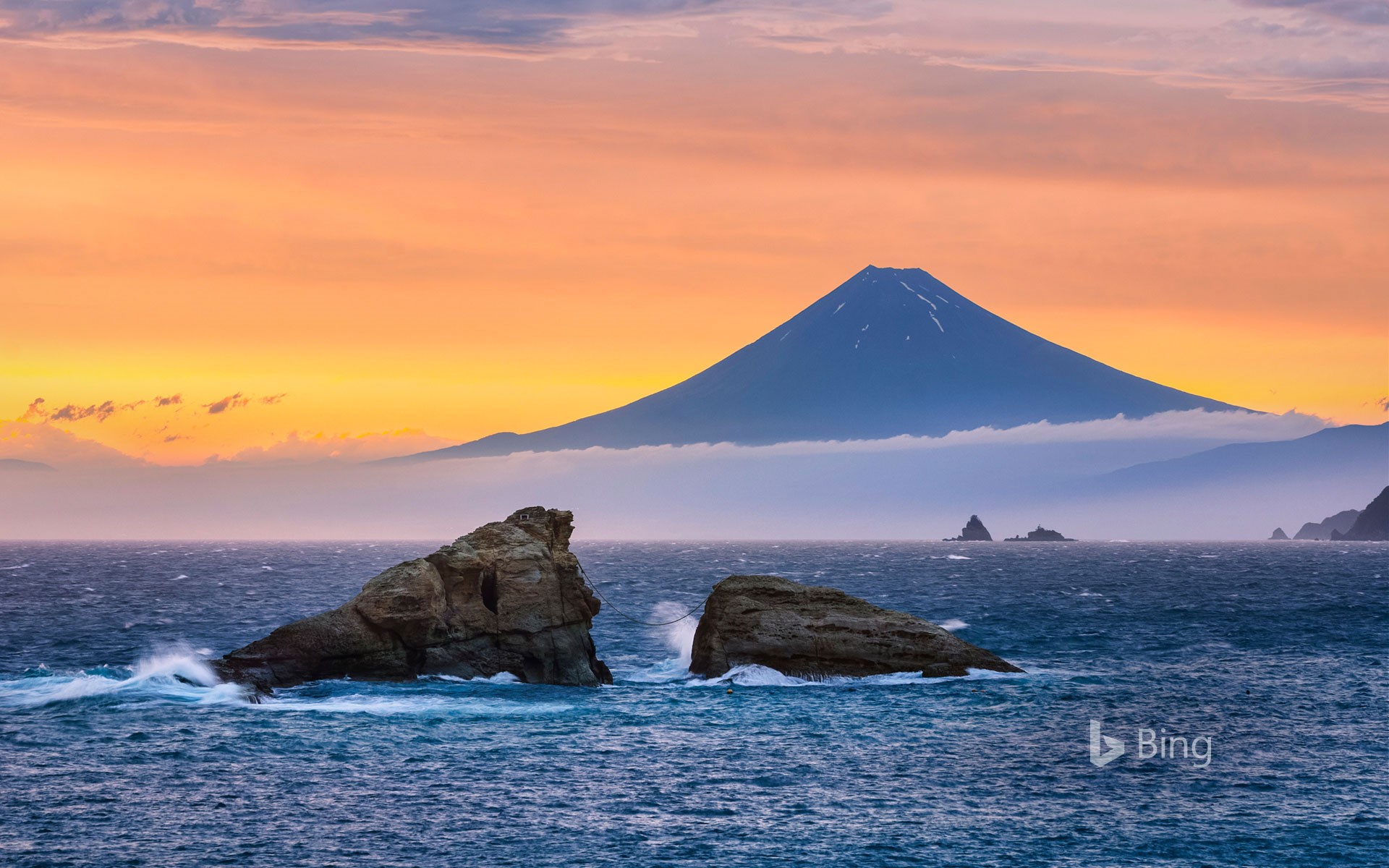 Mount Fuji and Ushitukiiwa (twin rocks), Matsuzaki, Japan