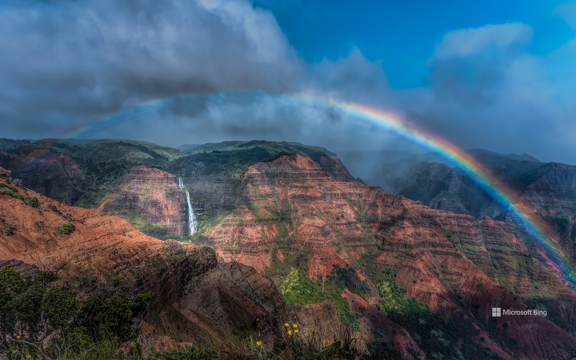 Rainbow over Waimea Canyon and Waipo'o Falls, Kauai, Hawaii