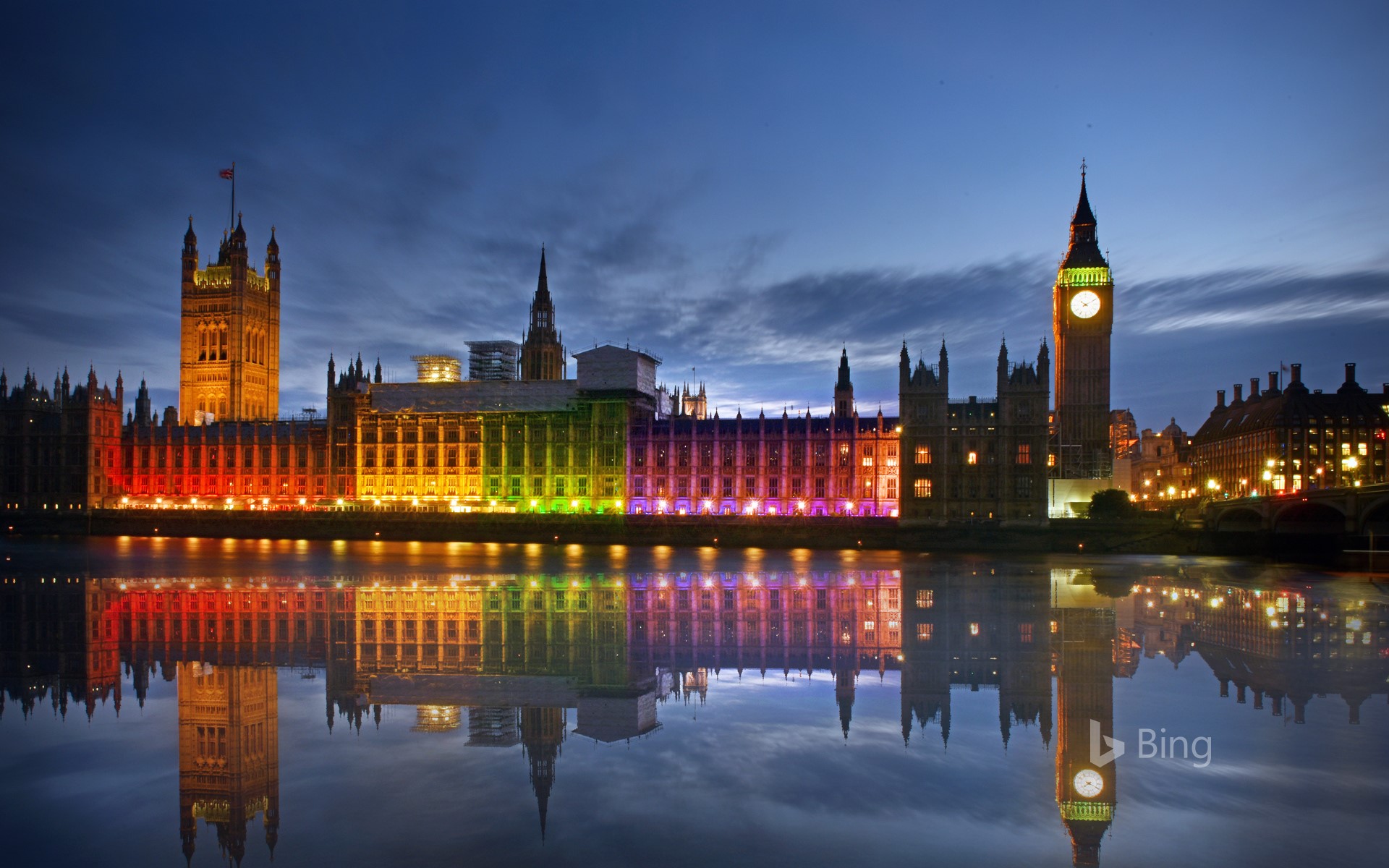 The Palace of Westminster illuminated in rainbow colours for Pride in London in 2017
